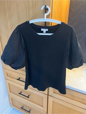 On/Off Black Puff-Sleeve Crewneck Blouse